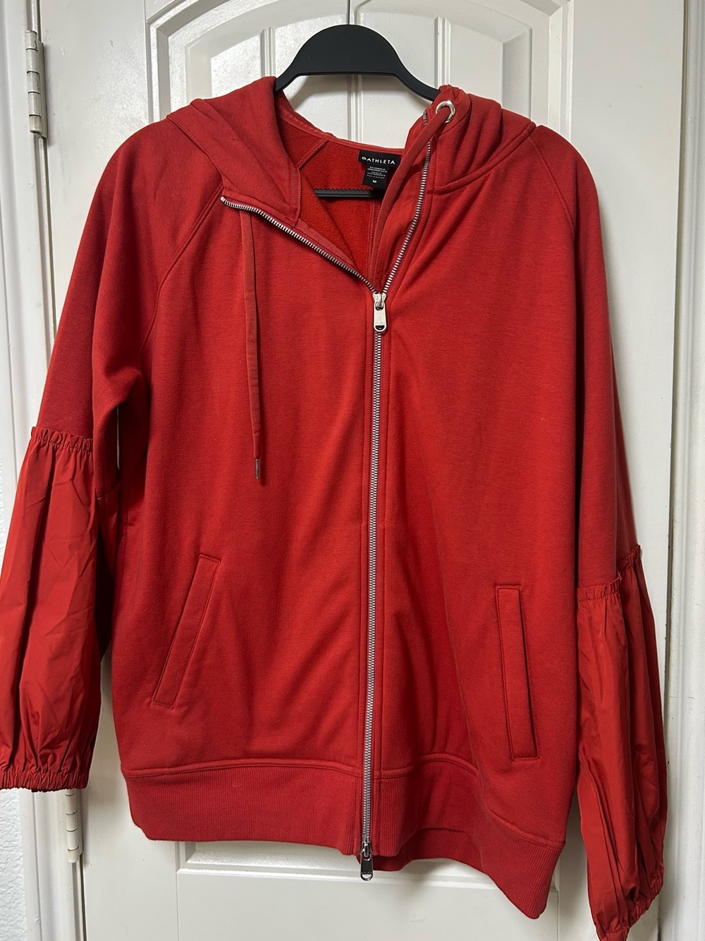 Athleta Red Zip-Front Hooded Bomber Jacket